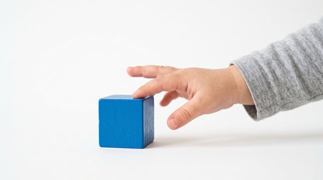 Close up of a baby's hand reaching for a blue wooden block on a white background