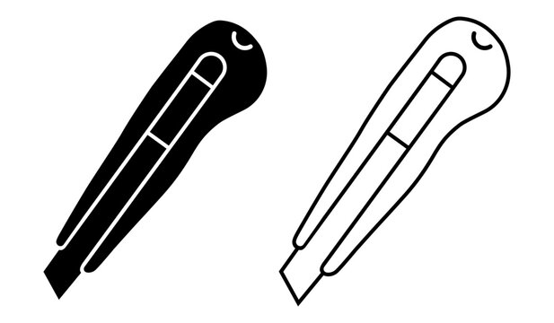 Utility Knife Vector Icon Set for Stationery Box Cutter Paper Trimmer Crafts Cutting Tool and Office Supplies Concept in Solid and Line Style.