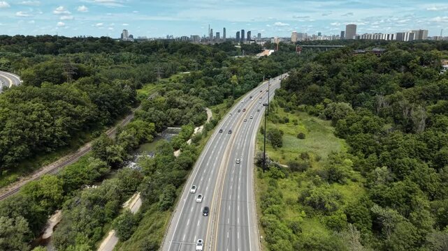 Aerial view of the Don Valley Parkway through the forested valley