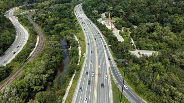Aerial top-down view of the Don Valley Parkway highway, Toronto