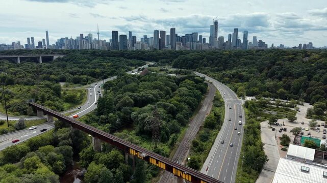 Aerial view of the Don Valley Parkway, Bayview and Toronto skyline
