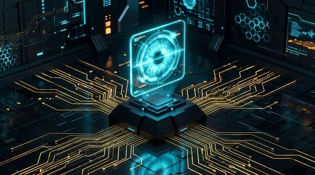 Futuristic biometric eye scanner holographic interface on digital circuit board for cyber security