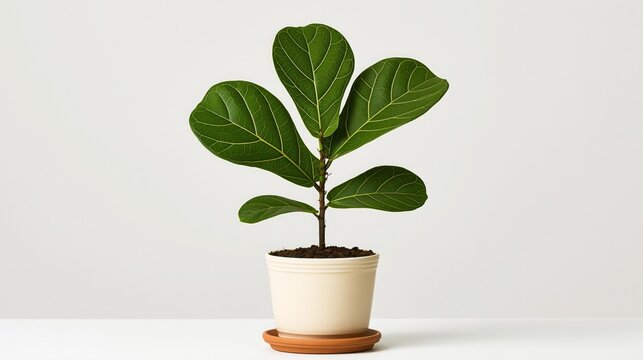 Fiddle leaf fig plant in a white pot on a minimalist background  