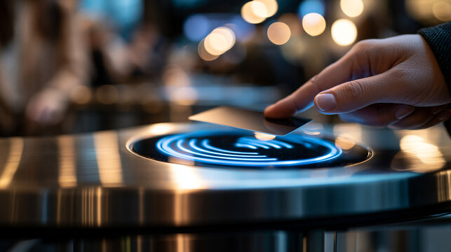 Extreme close up of a fingertip tapping a contactless card against a glowing circular turnstile reader brushed steel gate framing the shot cashless payment technology concept