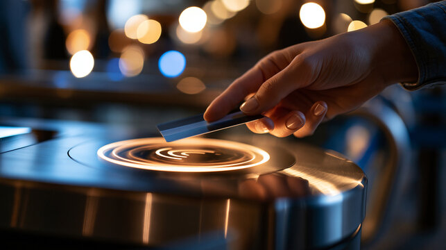 Extreme close up of a fingertip tapping a contactless card against a glowing circular turnstile reader brushed steel gate framing the shot cashless payment technology concept