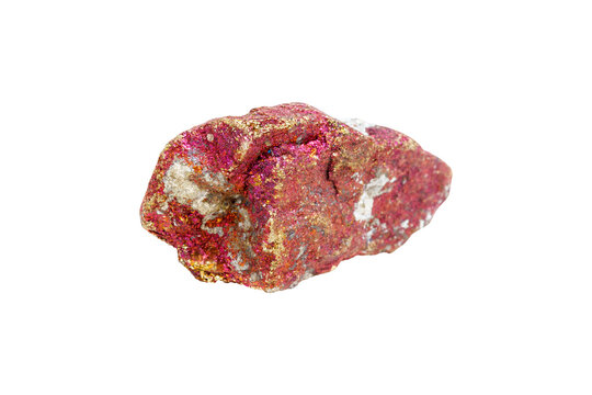 A metallic chalcopyrite rock with iridescent surface on a white isolated background, displaying colorful pink and gold reflections. Perfect for geology studies or decorative purposes.