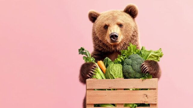 Cute bear holding vegetable crate against pink background
