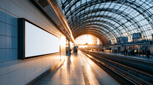 Bright train station featuring a blank white digital sign billboard poster mockup mounted on a clean tiled wall beneath a vaulted glass roof soft daylight streaming through