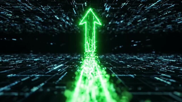 Digital green data arrow traveling through circuit board environment.