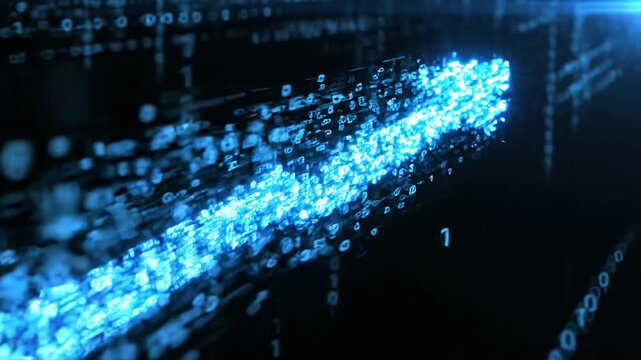 Digital pixelated blue arrow indicating tech growth.