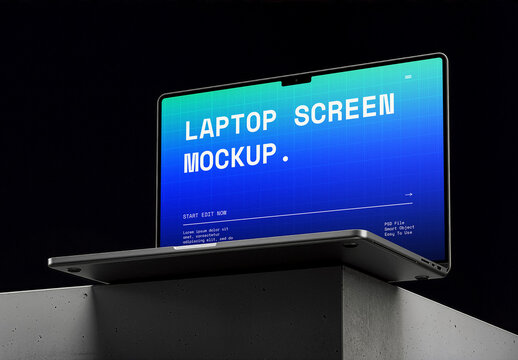 Laptop Mockup on Concrete Block, Brutalism Architectural Technology Scene