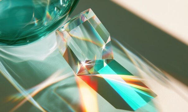 Transparent crystal slice bends sunlight into spectrum rays
