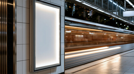Fototapeta premium Blank movie poster mockup in a slim frame glowing on a bright wall inside a modern metro environment soft motion blur of a passing train reflected faintly on the tiled floor
