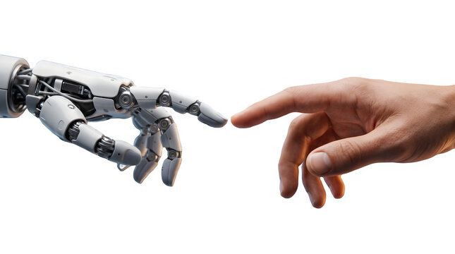 Human and Robot Hand Almost Touching: Artificial Intelligence, Future Technology and Human Machine Collaboration Concept