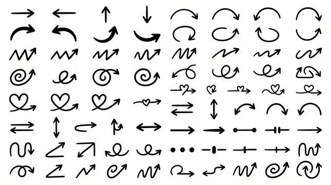 Hand drawn black arrows collection with curved, spiral, zigzag, and heart pointer doodle icons on white background