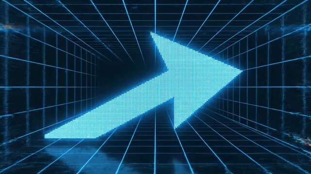 Glowing blue digital arrow rising in futuristic grid tunnel