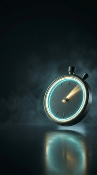 Closeup of a glowing stopwatch with a fast moving hand on a reflective surface, illustrating time management, speed, deadlines, productivity, and business performance