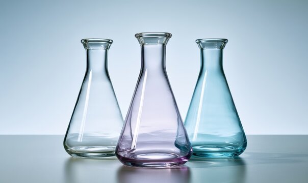 Scientific glassware set with three conical flasks in different colors