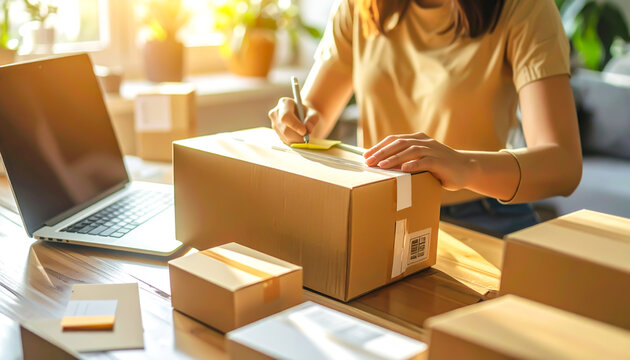 Online-H&auml;ndlerin verpackt Pakete f&uuml;r den Versand im B&uuml;ro