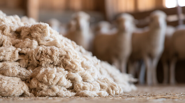 Natural Raw Wool Pile with Blurred Livestock in Background, Showcasing Sustainable Textile Production and Farm Life