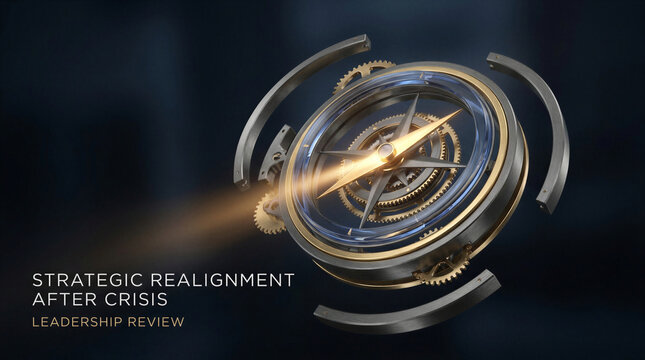 Mechanical compass with interlocking gears and strategic realignment after crisis leadership review concept for corporate business transformation and executive planning