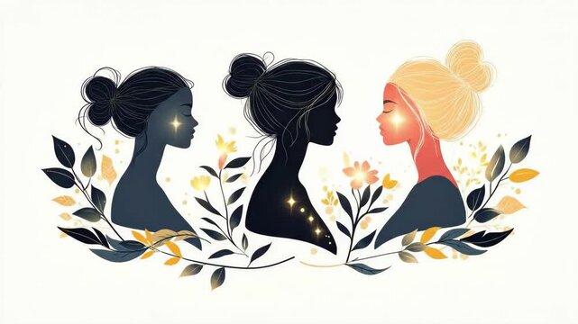 Silhouette of diverse women with floral design: minimalist art. International Women's Day, March 8th, IWD - Global Feminine Celebration, Women's Rights Day