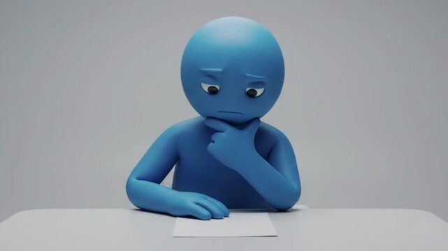 3D Blue Character Reading Document Thinking and Giving Thumbs Up