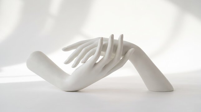 Minimalist white mannequin hands forming elegant abstract sculpture on seamless background