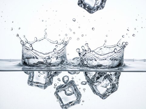 Splash of clear ice cubes dropping into water with dynamic frozen fragments and ripples for summer refreshment