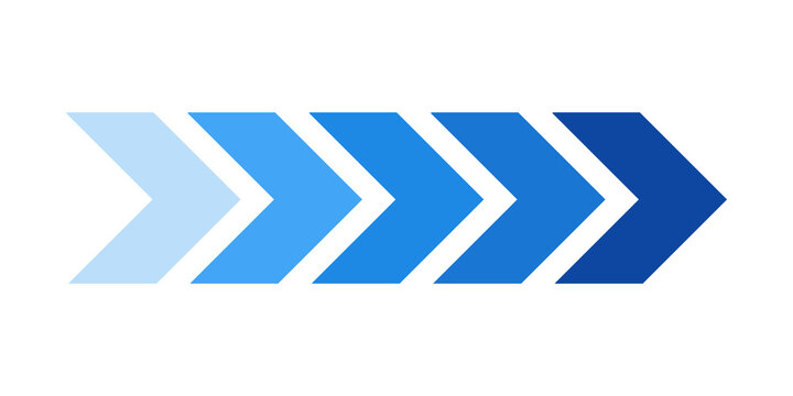 Five blue chevron arrows in a row showing motion and direction with a gradient color transition