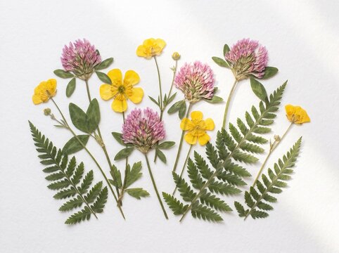 Handmade pressed wildflower bouquet with ferns and clover on white background for crafts and decor