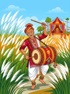 Man playing drum in a rural field with traditional attire