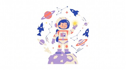Naklejka premium Premium Children's Day vector illustration of a child astronaut exploring space, symbolizing dreams, ambition, creativity and limitless imagination