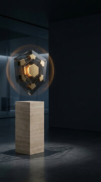 Geometric metallic sculpture suspended above stone pedestal in dark modern gallery. Abstract architectural design with dramatic lighting, symmetry, luxury interior concept, and copy space