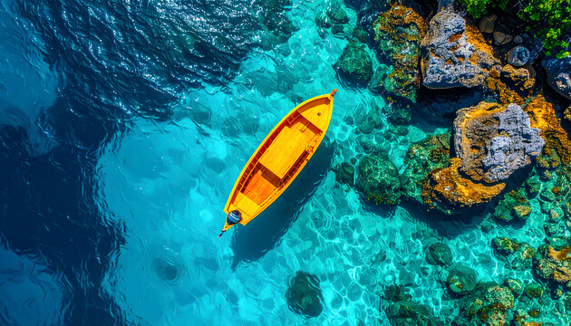 Gelbes Holzboot im t&uuml;rkisblauen Meer aus der Luft