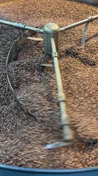 roasted coffee beans being stirred in a cooling tray