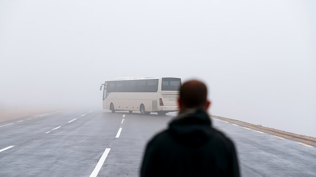 Traveler observe a white passenger vehicle on a misty, deserted highway, concept of journey, unknown path, or isolation