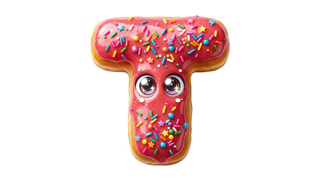 Donut letter T with pink glaze and sprinkles. Cute food character with big eyes. Sweet pastry alphabet for kids party design.