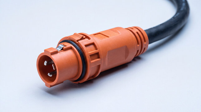 Industrial orange electrical power connector on black cable showing reliable and safe connection for energy transmission equipment