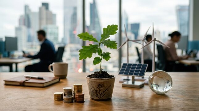 Net zero investing concept with seedling, coins, miniature wind turbines, solar panel model, and glass globe on finance desk.