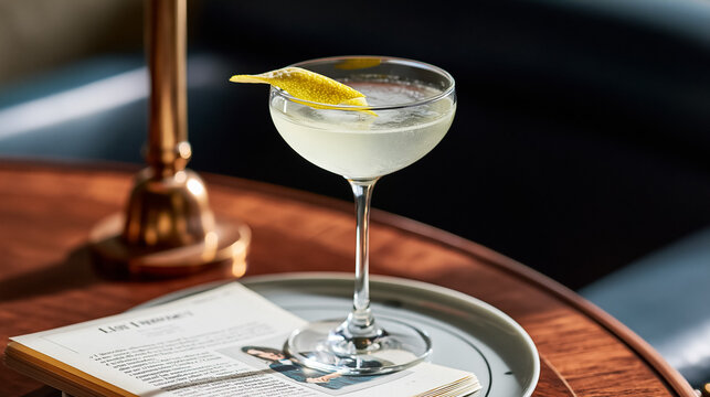 Refreshing cocktail served in a coupe glass with a lemon peel garnish on a sophisticated wooden table, capturing a moment of leisure