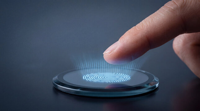 Human finger touching glowing approaching biometric K scanning sensor interface to feel curious and secure for digital data access