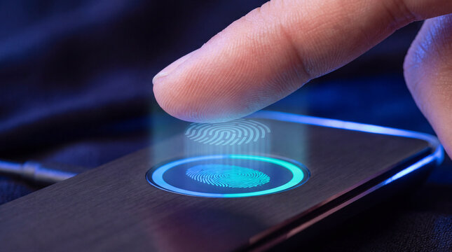 Scanning biometric fingerprint identification system digital security concept with curious finger touching screen