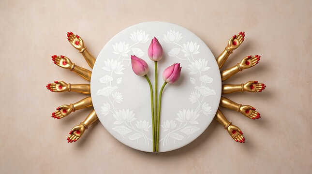 Goddess Durga Ten Golden Hands Extending Around Circular Plate with Pink Lotuses