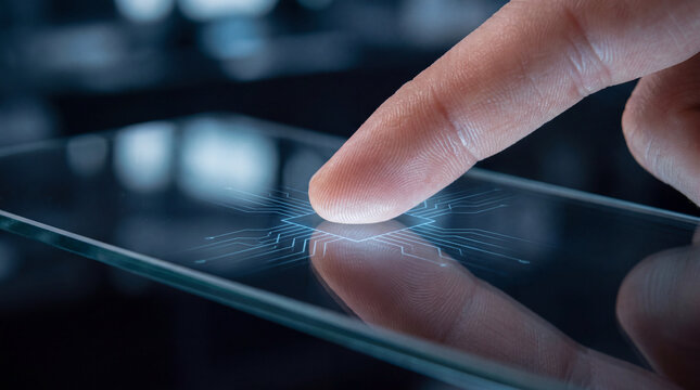 Finger pressing transparent smart glass surface feeling curious, innovative technology interaction, modern digital interface communication