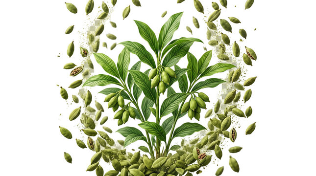 Green cardamom pod with flying spice particles, aromatic cardamom seed explosion on white background, organic herbal seasoning