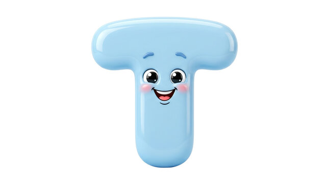Kawaii letter T character, cute 3D alphabet balloon with smiling face, beige bubble font for nursery decor and kids learning