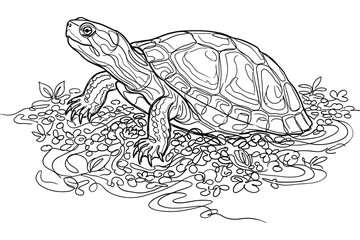 Fototapeta premium A detailed black and white line art illustration of a turtle standing on a textured ground.
