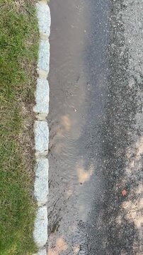 Vertical view of water running down a street near a curb and driveway

