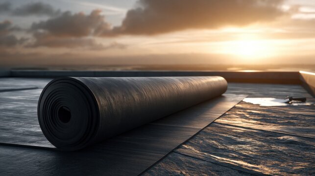 EPDM roofing installation at sunset with rubber membrane roll, tools, and dramatic sky, highlighting modern construction techniques.